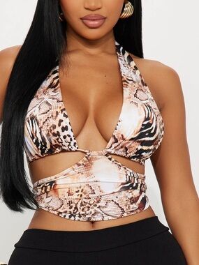 Cut Out Halter Crop Top - Animal Print